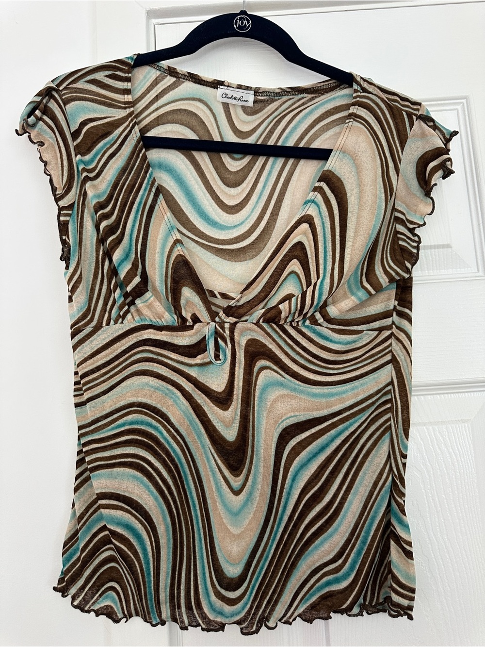 Y2K: Charlotte Russe Brown, Teal & Cream Swirl V-Neck Cap Sleeve Top